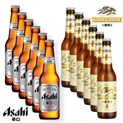 6 Flaschen Kirin Ichiban Bier und 6 Flaschen Asahi aus Japan, in der 0,33 l
