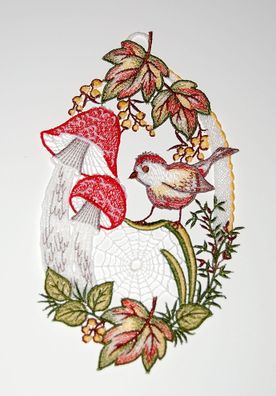 Fensterbild Herbst Spitze Fensterdekoration Plauener Stickerei Vogel Pilz 15x28