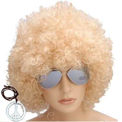 Mega Afro Perücke blond + verspiegelte Brille + Peace Medaillon blonde Locken