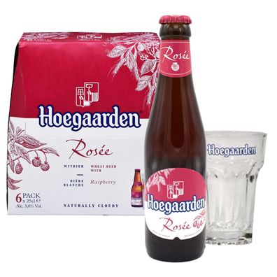 5 Flaschen Hoegaarden Rosee inklusive original Bierglas