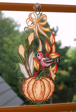 Plauener Stickerei Fensterbild Herbst Vogel Kürbis Spitze Fensterdekoration Halloween