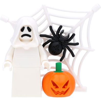 LEGO Minifigur Geist / Gespenst mit Halloween-Kürbis, Spinne und Spinnennetz