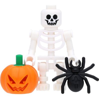 LEGO Minifigur Skelett mit Halloween-Kürbis und Spinne