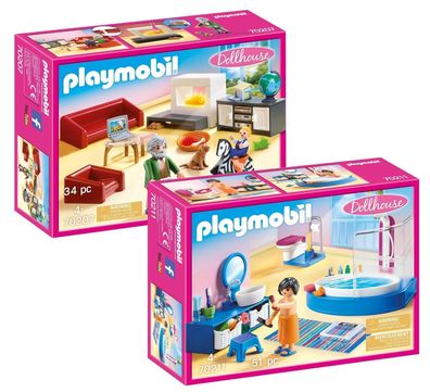 Playmobil Dollhouse Puppenhaus 70207 Wohnzimmer + 70211 Badezimmer - neu, ovp