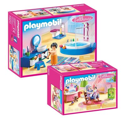 Playmobil Dollhouse Puppenhaus 70210 Babyzimmer + 70211 Badezimmer - neu, ovp