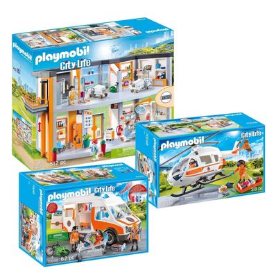 Playmobil Citylife 3er-Set 70190 Krankenhaus + 70048 Helikopter + 70049 Rettungswagen