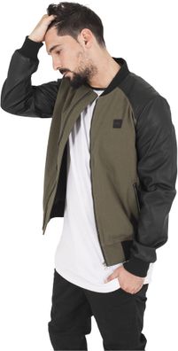 Urban Classics Bomber Jacke Cotton Bomber Leather Imitation Sleeve Jacket Olv/ Black