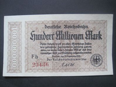 Deutsche Reichsbahn Banknote 100 Millionen Mark 1923 (AB 882)