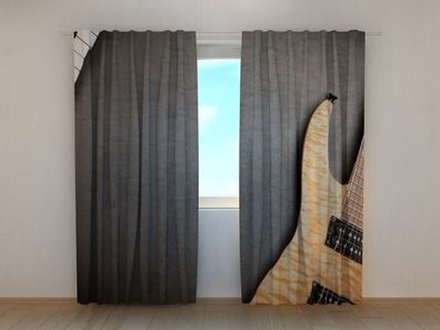 Fotogardine Gitarre auf Grau, Fotovorhang mit Motiv, Digitaldruck, Gardine auf Maß