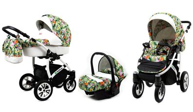 Kinderwagen Tropical Alu Flowers, 3in1 -Set Wanne Buggy Babyschale Autositz Zubehör