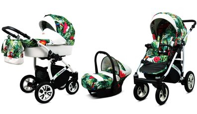 Kinderwagen Tropical Alu Parrots Tropics, 3in1 -Set Wanne Buggy Babyschale Autositz