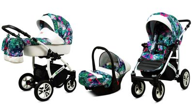 Kinderwagen Tropical Alu Magenta Parrots,3in1 -Set Wanne Buggy Babyschale Autositz