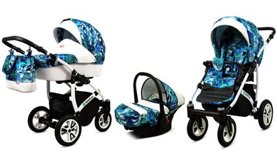 Kinderwagen Tropical Alu Mint Parrots, 3in1 -Set Wanne Buggy Babyschale Autositz