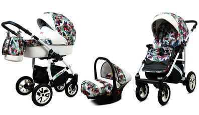 Kinderwagen Tropical Alu,3in1 -Set Wanne Buggy Babyschale Autositz-Chili Flowers