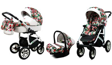 Kinderwagen Tropical Alu,3in1 -Set Wanne Buggy Babyschale Autositz-Small Rosess
