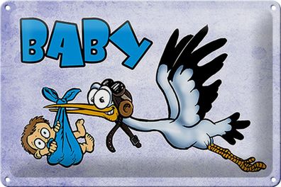 Blechschild Baby 30x20 cm Storch bringt Kind in blau Metall Deko tin sign