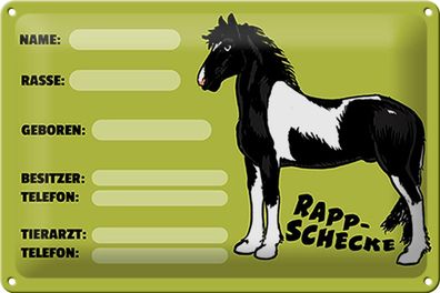 Blechschild Pferd 30x20cm Rappschecke Name Besitzer Rasse Deko Schild tin sign