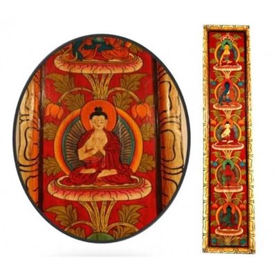 Tafelbild 5 Buddhas Handbemalt rot Holz 91 cm x 20 cm Wandbild Energiebild