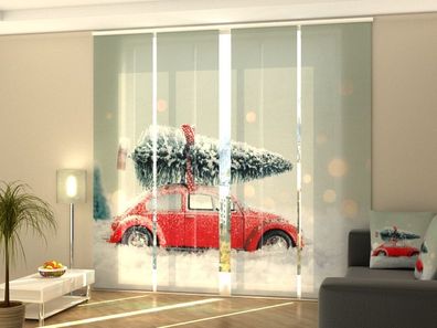Foto-Schiebegardine rotes Auto und Weihnachtsbaum, Flächenvorhang mit Motiv, auf Maß