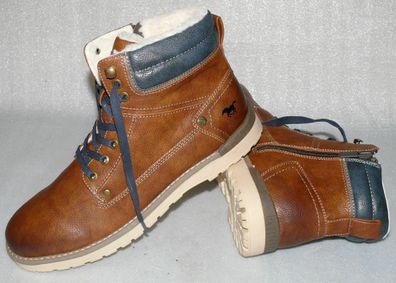 Mustang Warme Winter Leder Schuhe Boots Stiefel Warm Futter 42 Cognac Navy S17