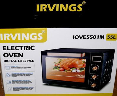 Irvings IOVE5501M 55L Backofen Grill Pizza Drehspieß 250°C 60Min 1700W LCD Gold