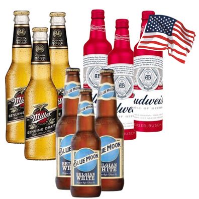 Teste Biere aus den USA, je 4 Flaschen Budweiser (Alu), Blue Moon, Miller