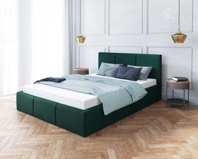Furnix Polsterbett NESIA 180x200 cm mit Kopfteil und Bettkasten T-Grün
