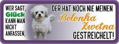 Blechschild Tier Spruch 27x10 cm nie Bolonka Zwetna Hund gestreichelt tin sign