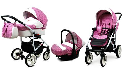 Kinderwagen White Lux Alu,3 in 1 -Set Wanne Buggy Babyschale Autositz Pink