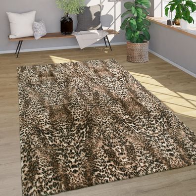 Hochflor Teppich Fellteppich Kunstfell Leoparden Design Waschbar Weich Beige
