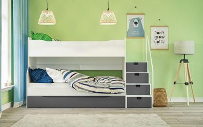Kindermöbel Hochbett-Etagenbett Kinderbett mit Schubkastentreppe in Weiß/ Grau