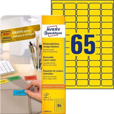AVERY Zweckform L4793-20 Gelbe Etiketten (1.300 Aufkleber, 38,1x21,2 mm auf A4, ...