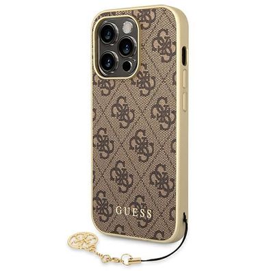 Handyhülle Case iPhone 14 Pro Guess Kunstleder braun mit Kette goldfarbig