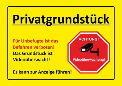 Privatgrundstück - Video, Befahren verboten! - ALU- PVC-Schild oder Klebeschild,