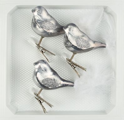 3 tlg. Glas Vogel Set in "Ice Grau Silber"