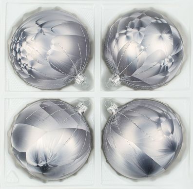 4 tlg. Glas-Weihnachtskugeln Set 12cm Ø in "Ice Grau Silber" Regen