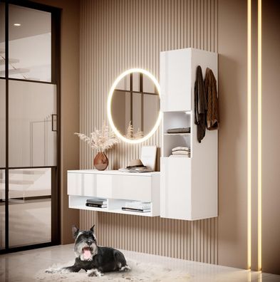 FURNIX 3-teilig Garderobe ALYX mit LED- Hängeschrank Hochschrank & Spiegel Weiß