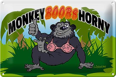 Blechschild Spruch 30x20 cm Monkey Boobs Horny Affe im BH Deko Schild tin sign