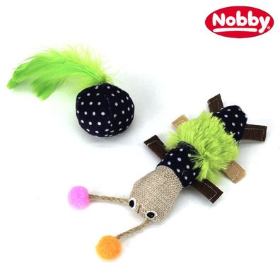 Nobby Katzenspielzeug mit Catnip - Wurm und Plüschball - Stoff-Mix Plüsch Federn