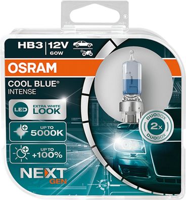 Osram HB3 Cool Blue Intense Next Halogen Leuchtmittel 60 Watt, Xenon Optik, weiß