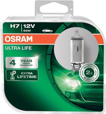 Osram H7 Ultra Life,55 Watt PX26d Sockel, Duo Box, 2 Stück, Extra Lifetime