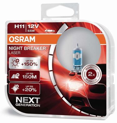 Osram H11 Night Breaker Laser Duo Box, Xenon Optik Leuchtmittel Weiß 55 Watt,150%