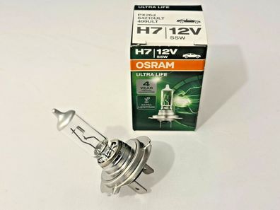 Osram H7 Ultra Life,55 Watt PX26d Sockel, Faltschachtel, 1 Stück, Extra Lifetime