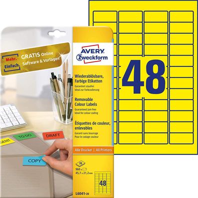 AVERY Zweckform L6041-20 Gelbe Etiketten (960 Aufkleber, 45,7x21,2mm auf A4, wiede...