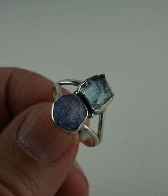 Edelstein Ring Größe 57 natürlicher Tansanit und Aquamarin Sterling Silber