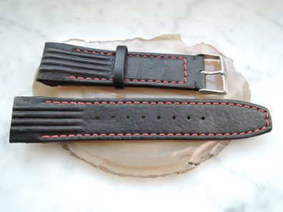 Leder Uhrenarmband Ersatzband Rundanstoss schwarz mit roter Naht 22 mm b11