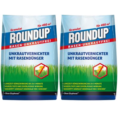 2 x Roundup® Rasen-Unkrautfrei 2in1, Unkrautvernichter mit Rasendünger, 9 kg