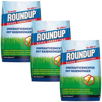 3 x Roundup® Rasen-Unkrautfrei 2in1, Unkrautvernichter mit Rasendünger, 9 kg