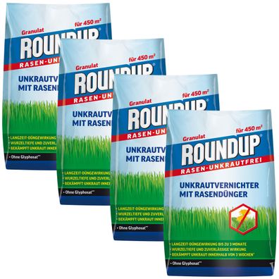4 x Roundup® Rasen-Unkrautfrei 2in1, Unkrautvernichter mit Rasendünger, 9 kg