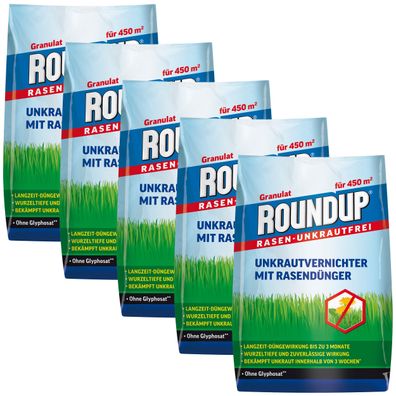 5 x Roundup® Rasen-Unkrautfrei 2in1, Unkrautvernichter mit Rasendünger, 9 kg